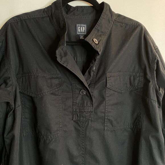 Gap Collarless Henley Pocket L/S True Black Khaki Midi Shirt Dress Size Small - Picture 5 of 16